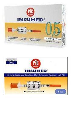 SIRINGA PER INSULINA PIC INSUMED 0,5 ML 100 UI AGO GAUGE 30 LUNGHEZZA 8 MM SENZA SPAZIO MORTO 3 SACCHETTI DA 10 PEZZI - Speedyfarma.it
