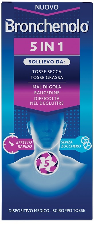 BRONCHENOLO 5 IN 1 SCIROPPO TOSSE 120 ML SENZA ZUCCHERO, ALCOL, LATTOSIO, GLUTINE, COLORANTI ARTIFICIALI E OGM - Speedyfarma.it