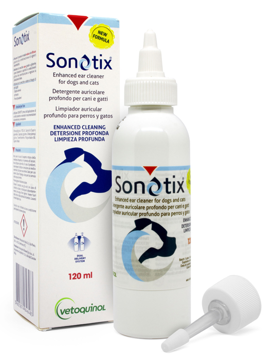 SONOTIX DETERGENTE AURICOLARE PROFONDO CANI E GATTI 120 ML + CANNULA CORTA RIGIDA + CANNULA LUNGA FLESSIBILE - Speedyfarma.it