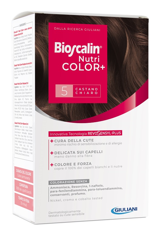 BIOSCALIN NUTRICOLOR PLUS 5 CASTANO CHIARO CREMA COLORANTE 40 ML + RIVELATORE CREMA 60 ML + SHAMPOO 12 ML + TRATTAMENTO FINALE BALSAMO 12 ML - Speedyfarma.it