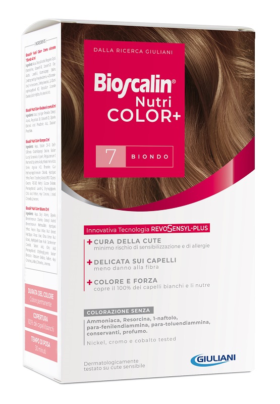 BIOSCALIN NUTRICOLOR PLUS 7 BIONDO CREMA COLORANTE 40 ML + RIVELATORE CREMA 60 ML + SHAMPOO 12 ML + TRATTAMENTO FINALE BALSAMO 12 ML - Speedyfarma.it