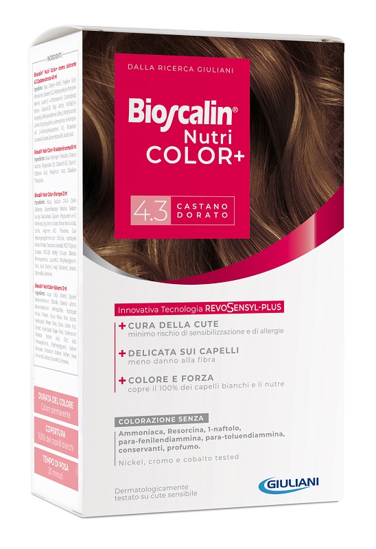 BIOSCALIN NUTRICOLOR PLUS 4,3 CASTANO DORATO CREMA COLORANTE 40 ML + RIVELATORE CREMA 60 ML + SHAMPOO 12 ML + TRATTAMENTO FINALE BALSAMO 12 ML - Speedyfarma.it